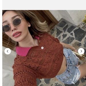 Zara Rust Knit Cropped Polo with Pink Collar